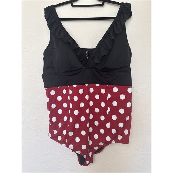 Disney Minnie Mouse Womens Plus One Piece Swimsuit Ruffle V Neck Polka Dot 4X - Picture 3 of 9
